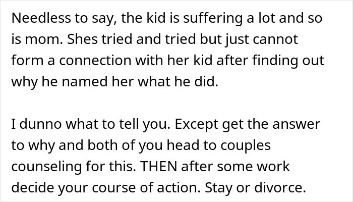 Husband feels sick after realizing who their son is named after, causing family distress and need for counseling. Husband feels sick after realizing who their son is named after, causing family distress and need for counseling.