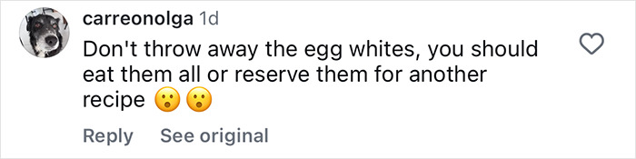 Comment from user carreonolga advising not to throw away egg whites but to eat or save them, reacting to Gwyneth Paltrow trash-handling. Comment from user carreonolga advising not to throw away egg whites but to eat or save them, reacting to Gwyneth Paltrow trash-handling.