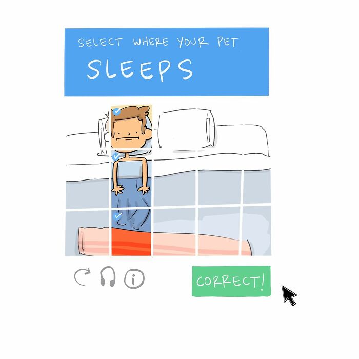 Hand-drawn comic showing a checkbox labeled Im not a robot with a submit button and cursor pointer.