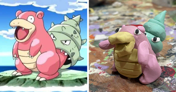 Poorly-made favorite Pokemons clay figure resembling Slowbro with rough shapes and uneven details on a messy surface.