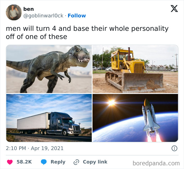 Collage showing a dinosaur, bulldozer, truck, and space shuttle representing weird and unhinged type of humor memes.