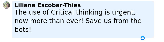 Comment from Liliana Escobar-Thies emphasizing the urgent need for critical thinking to counteract manipulative AI bots. Comment from Liliana Escobar-Thies emphasizing the urgent need for critical thinking to counteract manipulative AI bots.