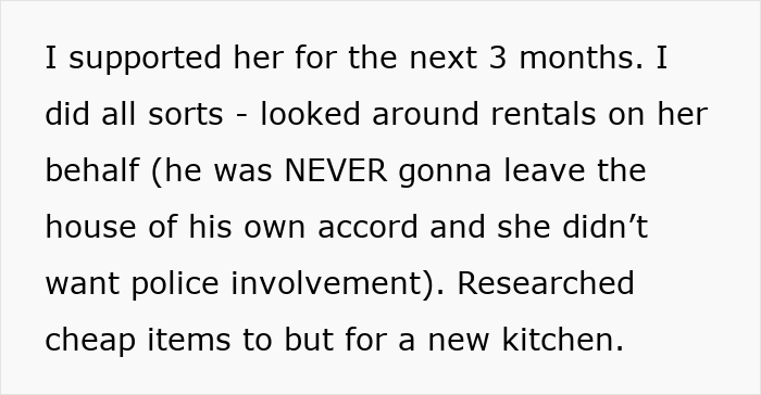 Text excerpt about supporting a friend in an abusive marriage and helping with new housing arrangements. Text excerpt about supporting a friend in an abusive marriage and helping with new housing arrangements.
