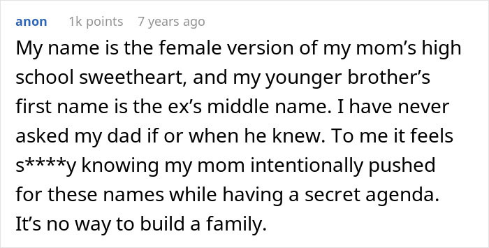 Comment discussing feeling sick after realizing the son is named after someone with a secret agenda. Comment discussing feeling sick after realizing the son is named after someone with a secret agenda.