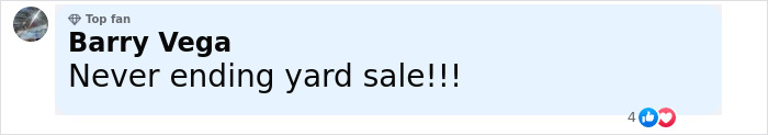 Facebook comment from Barry Vega reading Never ending yard sale about hundreds of Amazon packages mistakenly delivered to a woman's home. Facebook comment from Barry Vega reading Never ending yard sale about hundreds of Amazon packages mistakenly delivered to a woman's home.