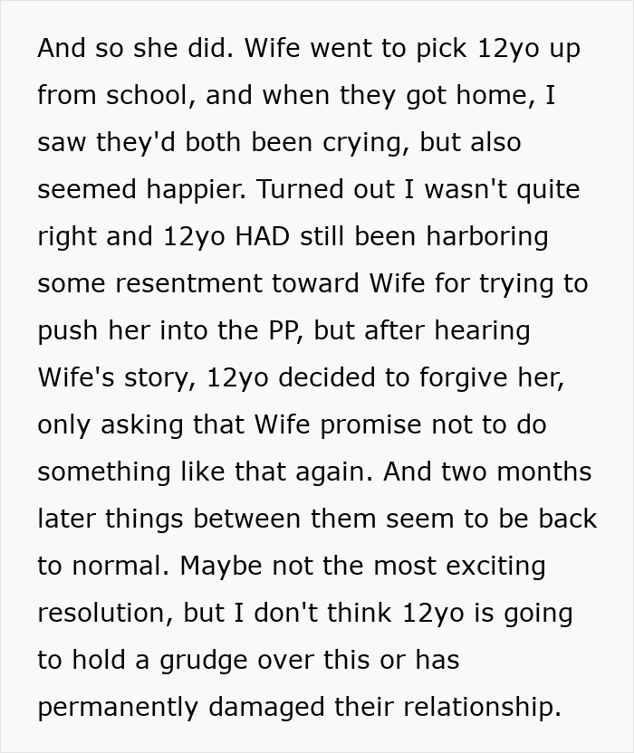 Text describing a mom trying to give her 12-year-old daughter a menstruation celebration but going too far and causing tension. Text describing a mom trying to give her 12-year-old daughter a menstruation celebration but going too far and causing tension.