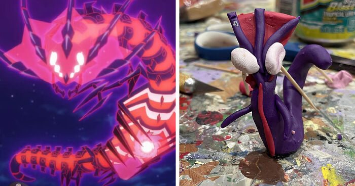 Side-by-side image showing a well-designed Pokemon and a poorly-made favorite Pokemon figure crafted from clay.