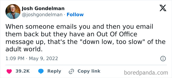 Funny social media post about email Out Of Office replies highlighting relatable adult life moments for a circle of idiots.