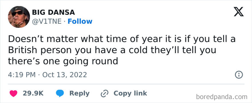 Tweet about British humor jokes on colds with high engagement, featured as part of British humor memes collection.