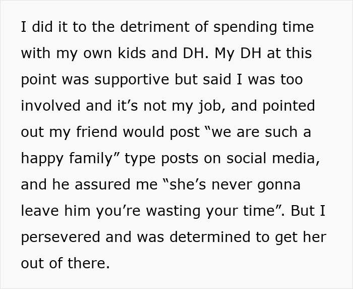 Text excerpt describing struggle to help a friend trapped in an abusive marriage despite doubts and social media posts. Text excerpt describing struggle to help a friend trapped in an abusive marriage despite doubts and social media posts.