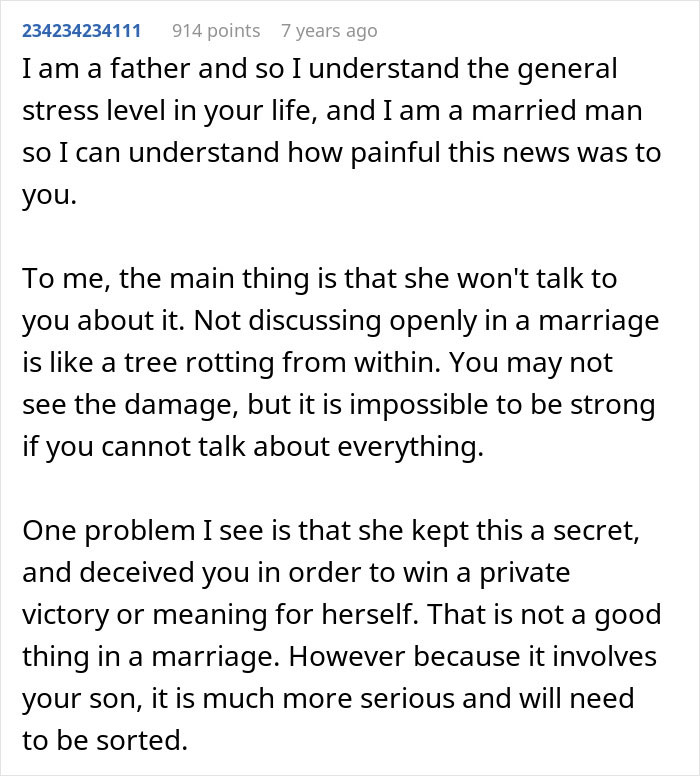 Comment explaining husband feels sick after realizing who their son is named after, highlighting marriage secrets and communication issues. Comment explaining husband feels sick after realizing who their son is named after, highlighting marriage secrets and communication issues.