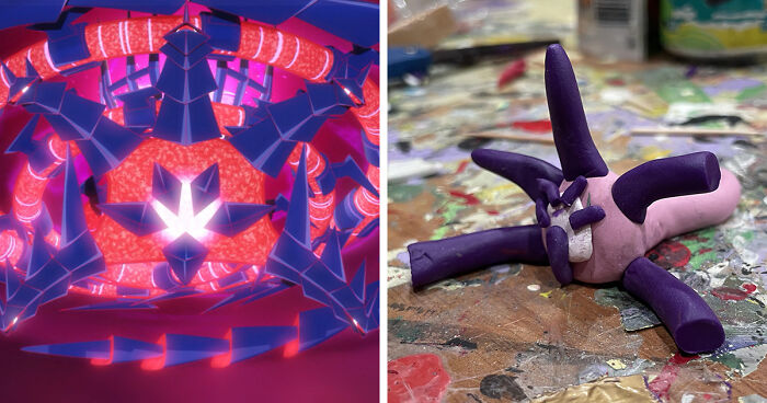 Left image shows a detailed fantasy creature with glowing eyes; right image shows a poorly-made favorite Pokemons clay figure on a paint-covered table.