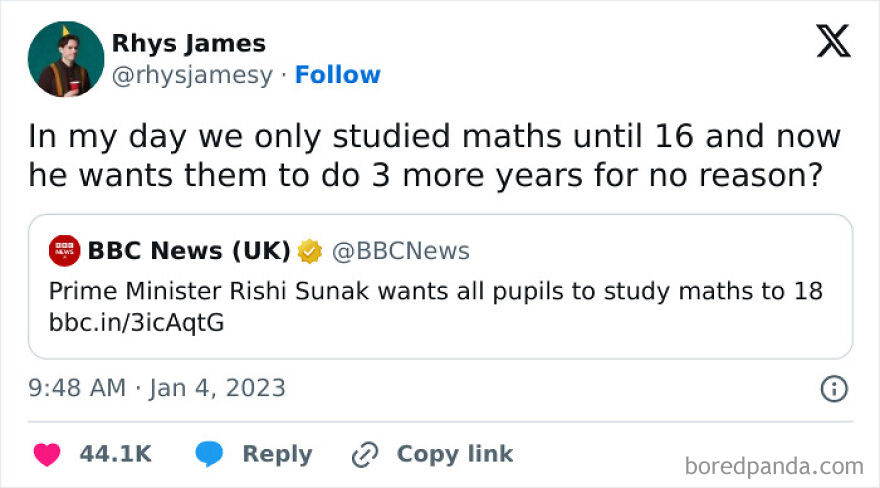 Tweet humorously debating the UK policy requiring pupils to study maths until age 18, reflecting British humor memes.