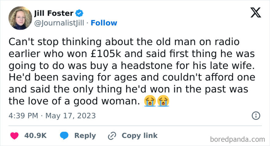 Screenshot of a heartfelt British meme about an old man winning money to buy a headstone, reflecting British humor.