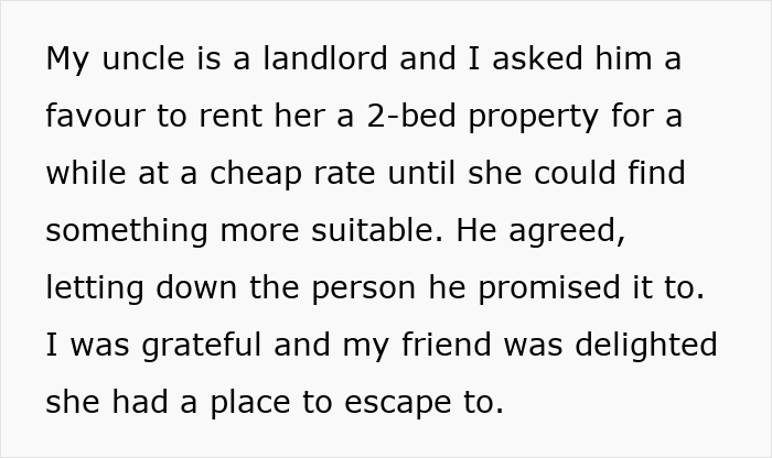 Text excerpt about helping a friend escape an abusive marriage by providing a rented property at a cheap rate. Text excerpt about helping a friend escape an abusive marriage by providing a rented property at a cheap rate.