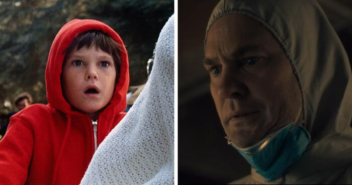 Child actor in a red hoodie on the left and adult actor in protective gear on the right showing mind-blowing same actor realization.