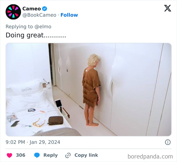 Person in a brown outfit standing in a white room with walls showing damaged panels, referencing Elmo’s X account warning. Person in a brown outfit standing in a white room with walls showing damaged panels, referencing Elmo’s X account warning.