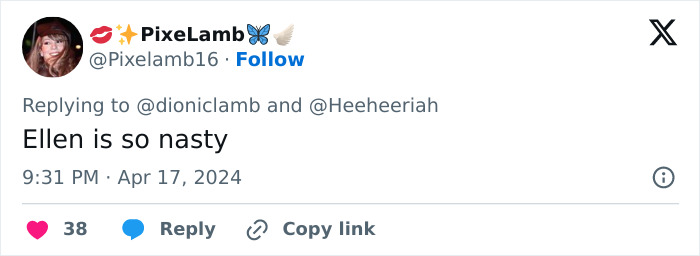 Tweet by fan expressing anger at Ellen DeGeneres, reflecting Céline Dion fans' reaction to rudeness in interview resurfacing. Tweet by fan expressing anger at Ellen DeGeneres, reflecting Céline Dion fans' reaction to rudeness in interview resurfacing.