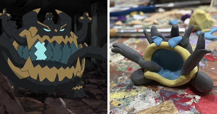 Side-by-side image of a poorly-made favorite Pokemon's clay model next to the original animated character design.