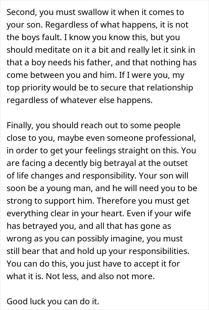 Text excerpt discussing a husband feeling sick after realizing who their son is named after and coping advice. Text excerpt discussing a husband feeling sick after realizing who their son is named after and coping advice.