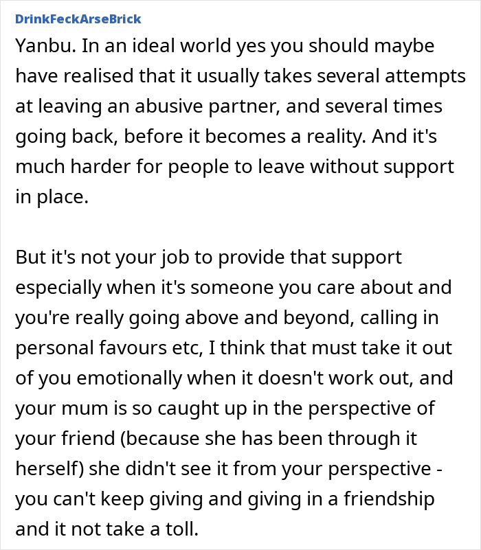 Text discussing emotional challenges and support boundaries when dealing with a friend in an abusive marriage situation. Text discussing emotional challenges and support boundaries when dealing with a friend in an abusive marriage situation.