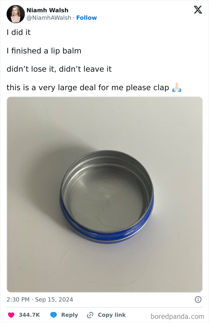 Empty lip balm container shown in a tweet, part of chaotic memes that have no business being so funny collection.