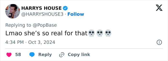 Screenshot of a tweet from user HARRYS HOUSE reacting to Billie Eilish nepo baby discussion with skull emojis. Screenshot of a tweet from user HARRYS HOUSE reacting to Billie Eilish nepo baby discussion with skull emojis.
