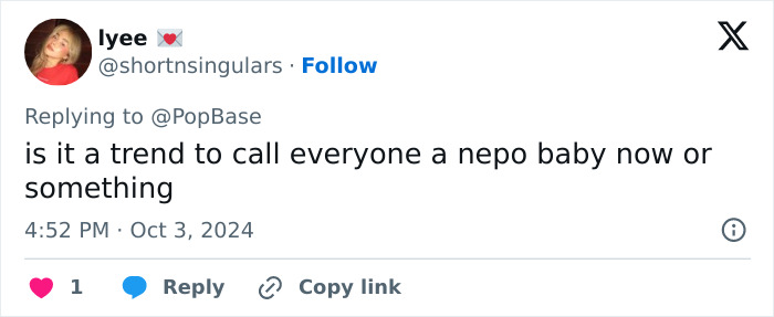 Tweet questioning if calling everyone a nepo baby is a trend, related to Billie Eilish fans discovering her parents' identity. Tweet questioning if calling everyone a nepo baby is a trend, related to Billie Eilish fans discovering her parents' identity.