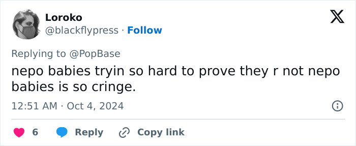 Tweet discussing nepo baby culture with a focus on Billie Eilish fans reacting to her parents' identity. Tweet discussing nepo baby culture with a focus on Billie Eilish fans reacting to her parents' identity.