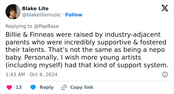 Tweet by Blake Lite discussing Billie Eilish fans buzzing over her parents and the nepo baby debate in the music industry. Tweet by Blake Lite discussing Billie Eilish fans buzzing over her parents and the nepo baby debate in the music industry.