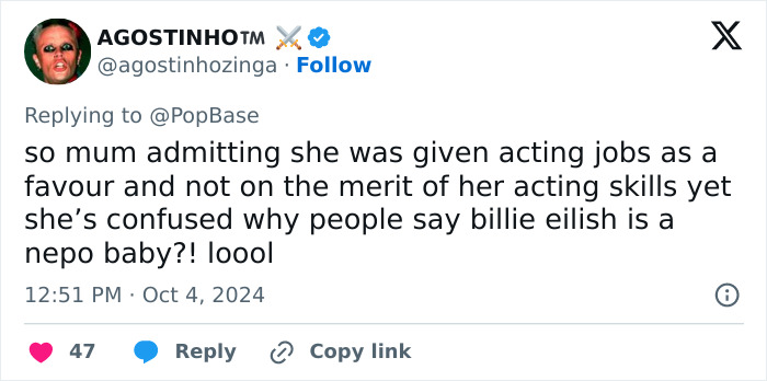 Tweet discussing claims about Billie Eilish being a nepo baby as her mother admitted to receiving acting jobs as favors. Tweet discussing claims about Billie Eilish being a nepo baby as her mother admitted to receiving acting jobs as favors.
