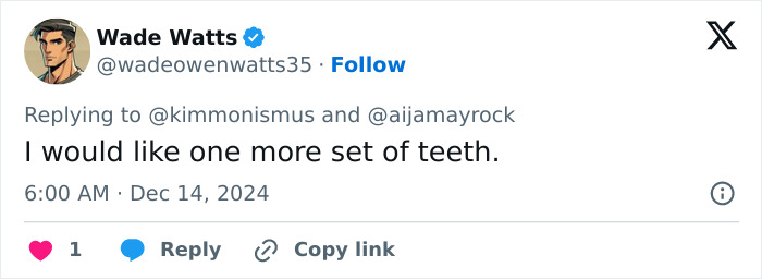 Tweet by Wade Watts expressing interest in tooth regrowth, highlighting breakthrough in replacing dentures and implants. Tweet by Wade Watts expressing interest in tooth regrowth, highlighting breakthrough in replacing dentures and implants.