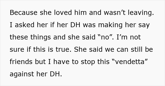 Text excerpt about a friend staying in an abusive marriage and questioning reasonableness of cutting off contact. Text excerpt about a friend staying in an abusive marriage and questioning reasonableness of cutting off contact.