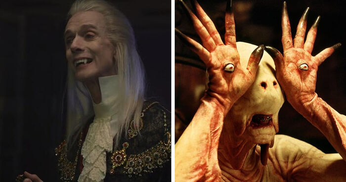 Split image showing a pale vampire character beside a creature with eyes on its hands in a mind-blowing realization same actor reveal.