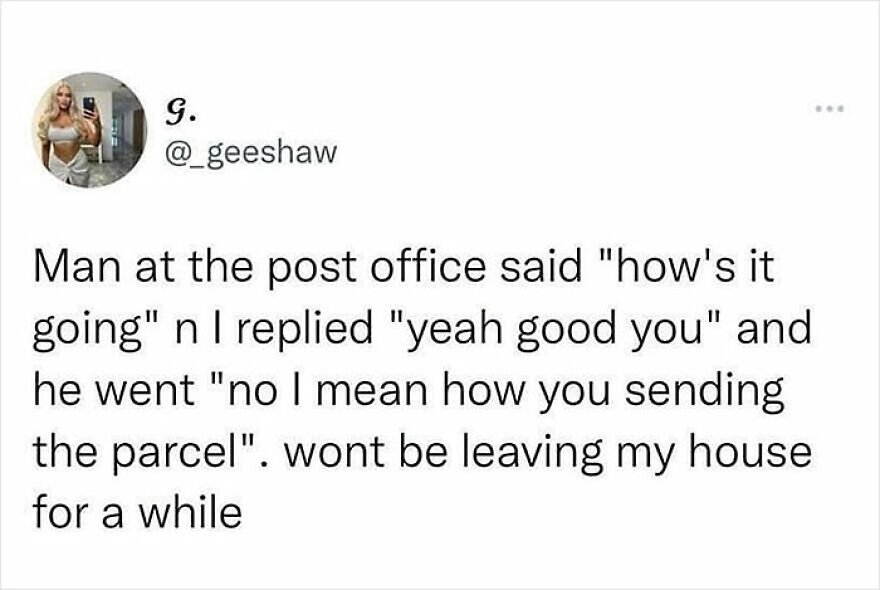 Social media post humor about awkward moment at the post office, reflecting British humor and daily meme culture.