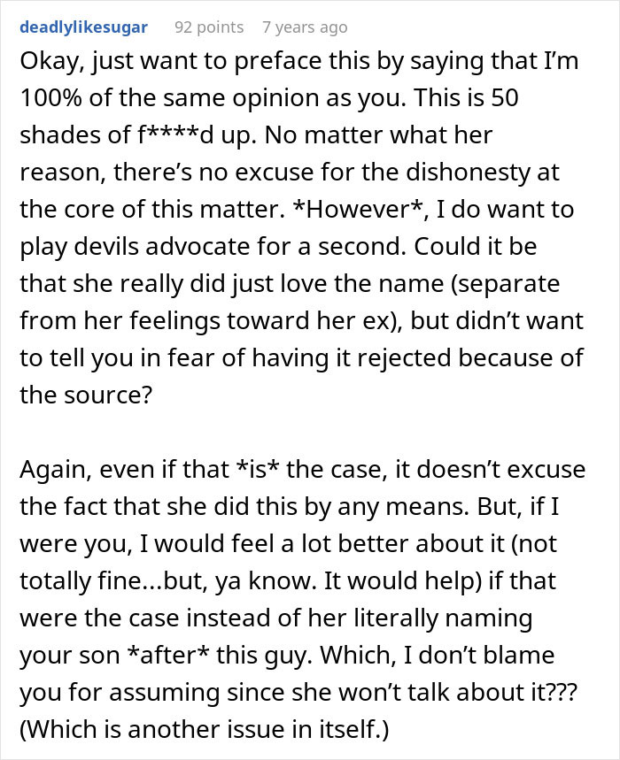 Screenshot of a user comment discussing feelings after realizing who their son is named after, expressing distress and confusion. Screenshot of a user comment discussing feelings after realizing who their son is named after, expressing distress and confusion.