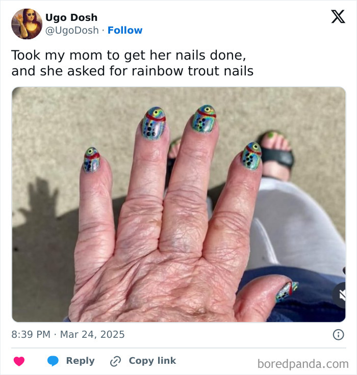 Older hand showing nails painted with rainbow trout design, featured in random and chaotic memes known for their humor.