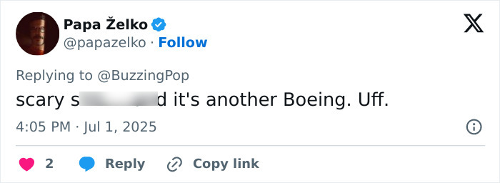 Twitter user Papa Želko reacts to Japan Airlines flight plunging 26,000 feet mid-air, describing it as a scary Boeing incident. Twitter user Papa Želko reacts to Japan Airlines flight plunging 26,000 feet mid-air, describing it as a scary Boeing incident.