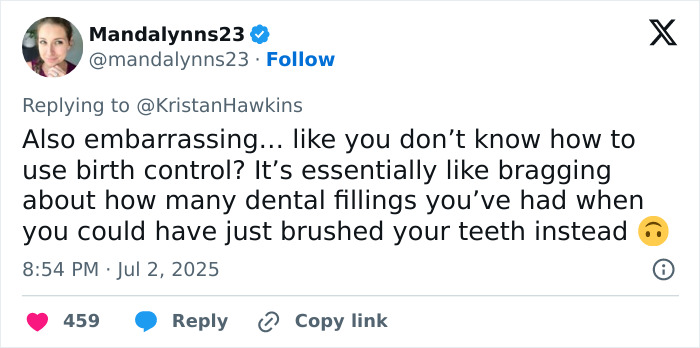 Screenshot of a Twitter reply with a skeptical emoji, discussing birth control in a casual, critical tone. Screenshot of a Twitter reply with a skeptical emoji, discussing birth control in a casual, critical tone.