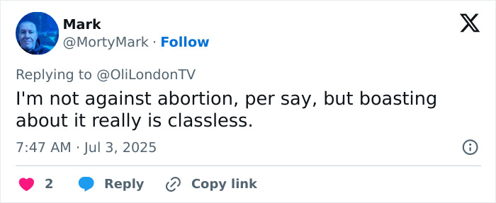 Screenshot of a social media reply criticizing Lily Allen’s sickening confession about her abortions as classless and divisive. Screenshot of a social media reply criticizing Lily Allen’s sickening confession about her abortions as classless and divisive.