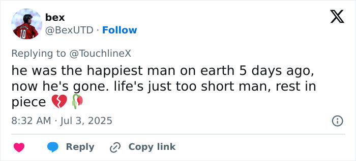 Tweet expressing heartbreak and reminder of life's fragility following Diogo Jota's final post before passing at 28. Tweet expressing heartbreak and reminder of life's fragility following Diogo Jota's final post before passing at 28.