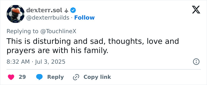 Tweet expressing heartbreak and prayers for family, reflecting on the reminder of life’s fragility after Diogo Jota’s final post. Tweet expressing heartbreak and prayers for family, reflecting on the reminder of life’s fragility after Diogo Jota’s final post.