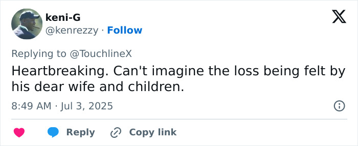 Twitter post expressing heartbreak over the loss, reflecting on life's fragility after Diogo Jota's passing at 28. Twitter post expressing heartbreak over the loss, reflecting on life's fragility after Diogo Jota's passing at 28.