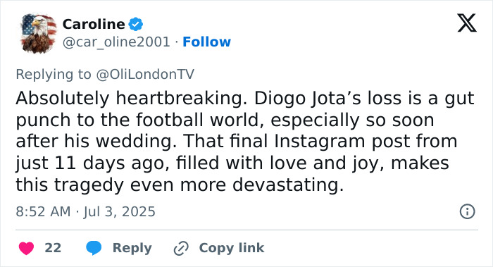 Tweet expressing heartbreak over Diogo Jota's final Instagram post, highlighting reminder of life's fragility and sudden loss. Tweet expressing heartbreak over Diogo Jota's final Instagram post, highlighting reminder of life's fragility and sudden loss.