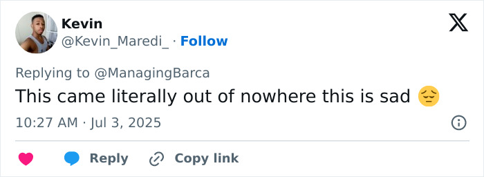 User Kevin replying to a tweet about Diogo Jota's final post, expressing sadness and heartbreak over life's fragility. User Kevin replying to a tweet about Diogo Jota's final post, expressing sadness and heartbreak over life's fragility.
