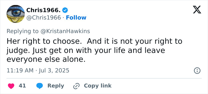 Tweet by user Chris1966 discussing the right to choose and judgment related to Lily Allen's abortion confession. Tweet by user Chris1966 discussing the right to choose and judgment related to Lily Allen's abortion confession.