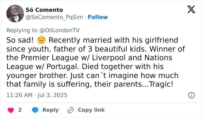 Tweet expressing heartbreak and reminder of life's fragility after Diogo Jota's passing at age 28. Tweet expressing heartbreak and reminder of life's fragility after Diogo Jota's passing at age 28.