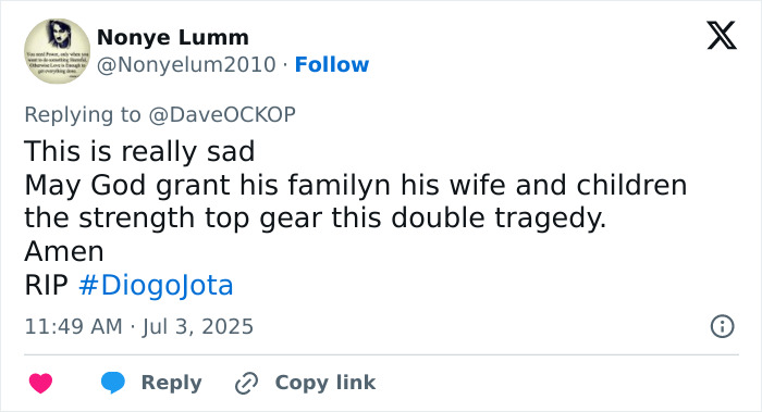 Tweet expressing heartbreak over Diogo Jota's passing, offering prayers for his family during this tragic time. Tweet expressing heartbreak over Diogo Jota's passing, offering prayers for his family during this tragic time.