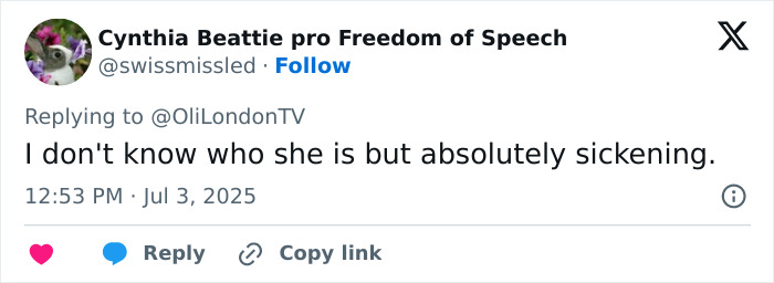 Twitter user Cynthia Beattie responding with a sickening comment about Lily Allen's abortions, sparking internet division. Twitter user Cynthia Beattie responding with a sickening comment about Lily Allen's abortions, sparking internet division.