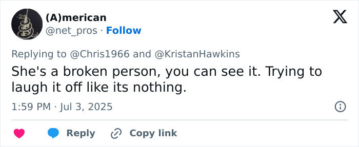 Tweet from user (A)merican expressing opinion about a broken person and referencing the topic of Lily Allen's abortions controversy. Tweet from user (A)merican expressing opinion about a broken person and referencing the topic of Lily Allen's abortions controversy.